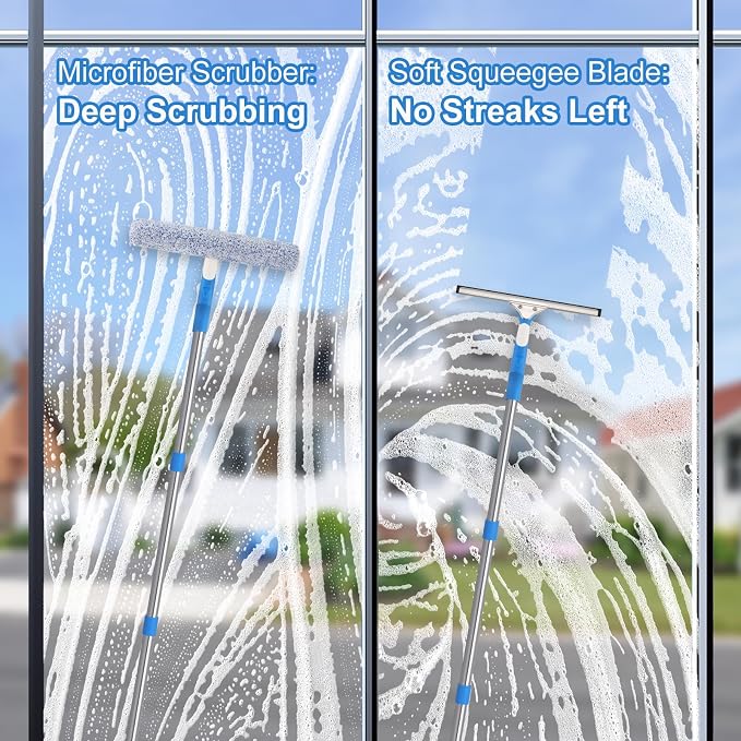 77'' Long Squeegee Window Cleaner Tool for Indoor Outdoor Windows | Professional Window Cleaning Kit with Extension Poles for High Windows Car Windshield Shower Glass Door Solar Panel