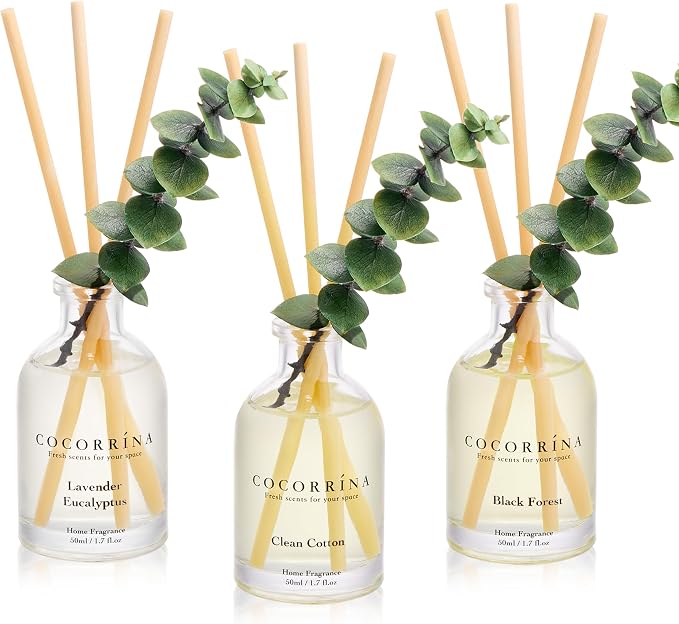 Reed Diffuser Set of 3 with Dried Eucalyptus for Home & Office | Lavender Eucalyptus/Black Forest/Clean Cotton Scents, Aromatherapy Scented Oil Diffusers, 1.7 oz Each, Total 5.1 oz