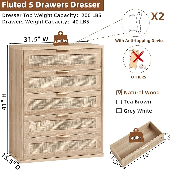 LEYAOYAO Rattan Dresser for Bedroom, 41" Tall Chest of Drawers, Modern 5 Drawers Boho Dressers with Storage, Light Oak Dresser Wooden Closet Organizer for Living Room, Hallway, Natural Wood
