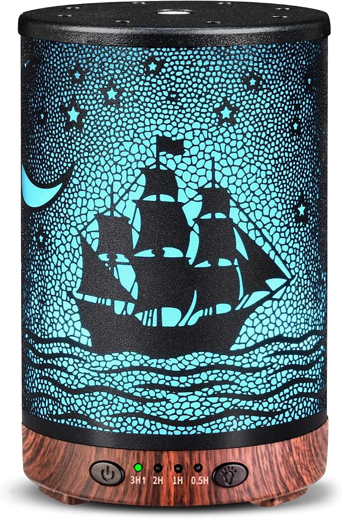 Essential Oil Diffuser 120ML Metal Aromatherapy Diffuser with Timer, Cool Mist Humidifier with Auto Shut-Off & 7 Color Lights for Home Office Spa (Sailing Ship)
