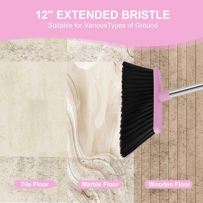 Broom and Dustpan Combo Set, 52" Long Handle with Squeegee & Mini Set | Pink Complete Cleaning Kit, Built-in Comb Dustpan, Floor Squeegee for Wet & Dry Messes, Mini Broom Set，for Home & Pet Areas
