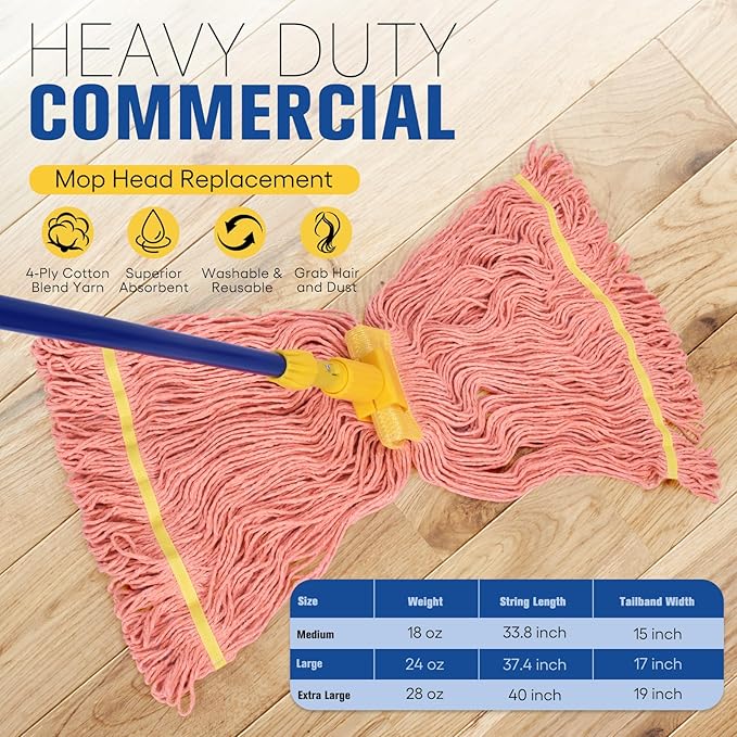 Matthew Cleaning Commercial Mop Head Replacement, 5 Inch Wide Headband, Looped End Cotton Blend String Wet Mops for Floor Cleaning, 18 oz Medium, 1-Pack Orange