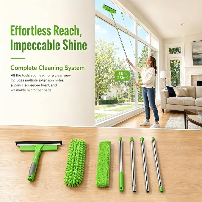 2-in-1 Window Cleaner Tool, 68'' Squeegee for Window Cleaning | Extension Pole, Scrubber with Rotating Head, Streak-Free Squeegee, Thickened Stainless Steel, In/Outdoor Washing Equipment