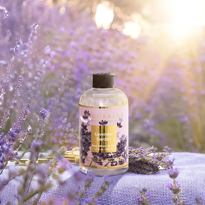 Reed Diffuser Refill Lavender Garden 17oz (500ml) with 8 Rattan Sticks - Premium Long-Lasting Scented Oil, Home Fragrance for Bedroom, Bathroom Home Decor