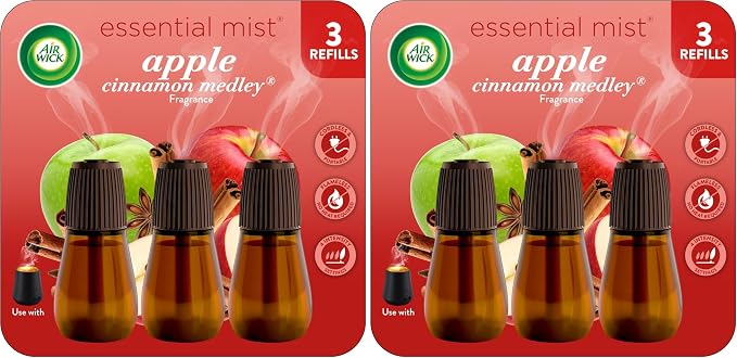 Air Wick Essential Mist Refill,Apple Cinnamon Medley,Essential Oils Diffuser,Air Freshener,Fall scent,Fall decor,(Pack of 6)
