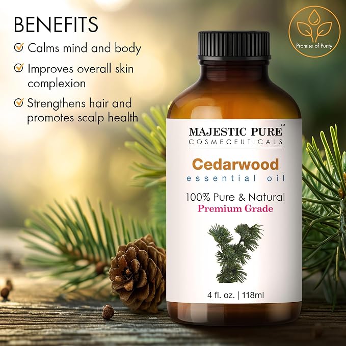 Majestic Pure Cedarwood Essential Oil for Diffuser - 4 Fl Oz | 100% Natural Essentials Oils for Aromatherapy, Massage, Steam inhalation, Air Freshing, Soap and Candle Making