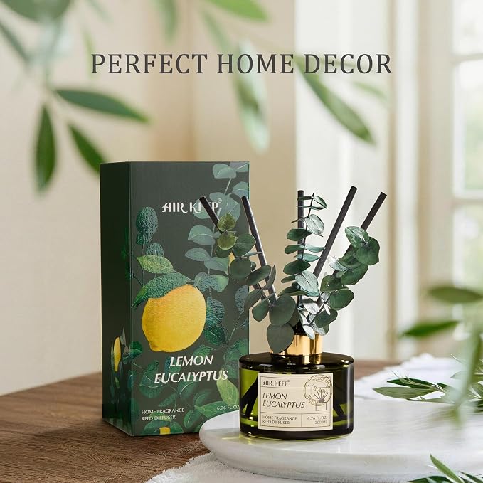 Reed Diffuser Set with 6.76 fl oz Lemon Eucalyptus Scent Essential Oils and 3 Leaves & 8 Diffuser Sticks,Bathroom Shelf Decor & Air Freshener, House Bedroom Office Decor & Gifts