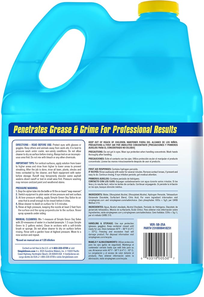 Simple Green Oxy Solve Deck and Fence Pressure Washer Cleaner, Colorless to Pale Straw, Unscented, 128 Fl Oz (Packaging May Vary)
