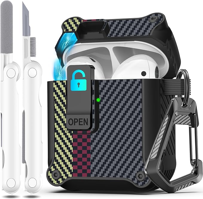 R-FUN for AirPods 2 Case Cover with Lock Magnetic Lid, Gray | Compatible with Apple AirPods 2 and AirPods(2016), Case with Cleaner Kit & Keychain, Powerful Drop Protection