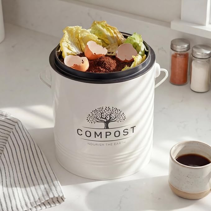 Perfnique 1.3 Gal Kitchen Compost Bin with Lid, Countertop Compost Caddy | Indoor compost bucket with inner bucket liner and carbon filter, compact food waste bin, farmhouse kitchen decor