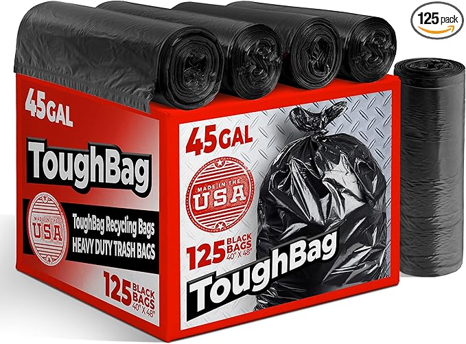 ToughBag 40-45 Gallon Trash Bags Heavy Duty (125 Count) | Black Garbage Bags | Made In USA