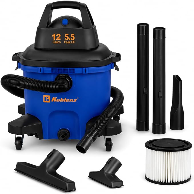 Koblenz WD-12 L4 Wet Dry Vacuum Cleaner, 12 Gallon 5.5 PHP | 3-in-1 Suction & Blower, 32 ft Reach, Large Vacuum Cleaner for Car, Shop Vacuum Wet and Dry, CLICK-N-LOCK Hose, Blue/Black