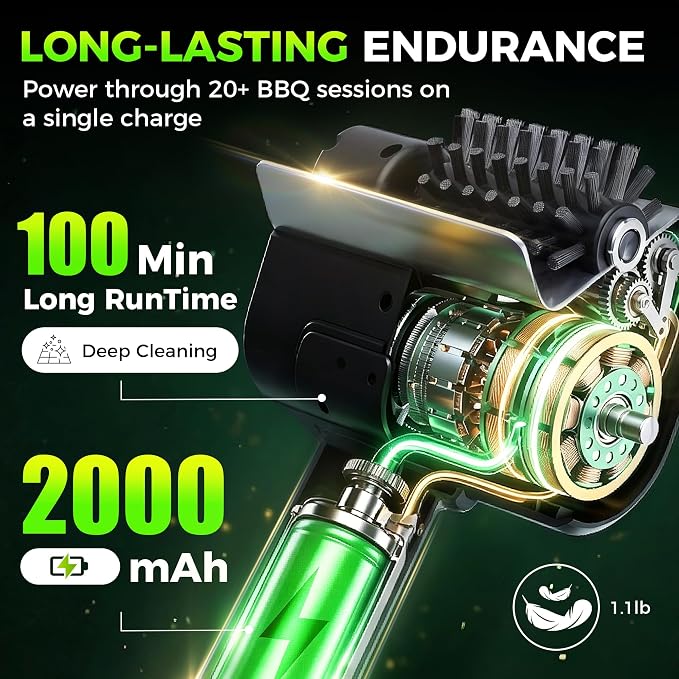 Electric Grill Brush, Cordless Automatic BBQ Power Cleaner | 100 Min Runtime, 304 Stainless Steel Bristles, Removable head, 1100 RPM High-Speed Motor