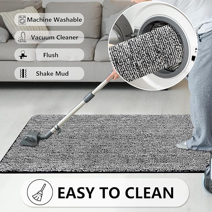 REFETONE Indoor Doormat, Front Door Mat 32"x48" Absorbent Rubber Backing Non Slip Back Door Mats, Washable Low-Profile Inside Floor Mat Door Rugs for Entryway, Resist Dirt Mud Mat for Dogs, Black