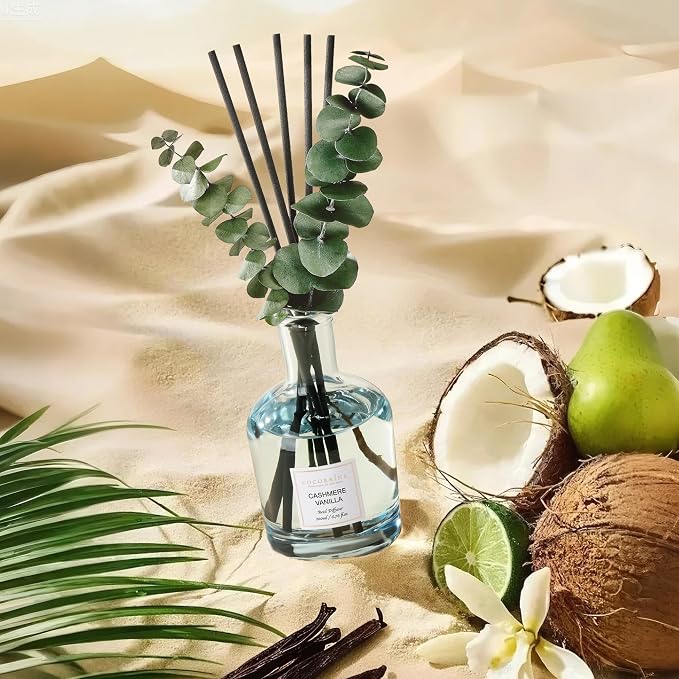 Cashmere Vanilla Reed Diffuser, 6.76 oz | Real Dried Eucalyptus Leaves, 8 Reeds, Long-Lasting Essential Oil, Home Fragrance, Bedroom or Bathroom Décor