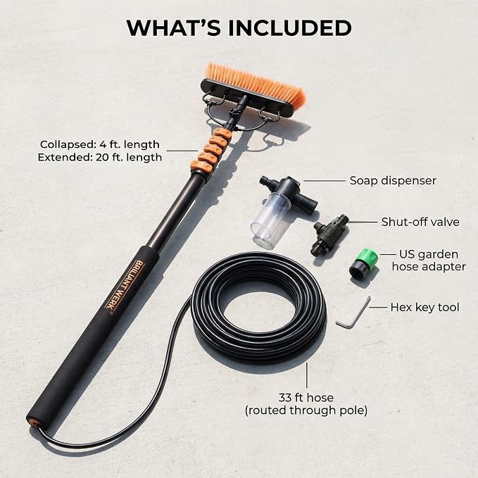 Briliantwerk Solar Panel Cleaning Brush 20 ft Extension Pole | Water Fed Pole Brush with Soap Dispenser for Solar Panels, Windows and Siding - Heavy Duty, Streak-Free Solar Cleaning Kit