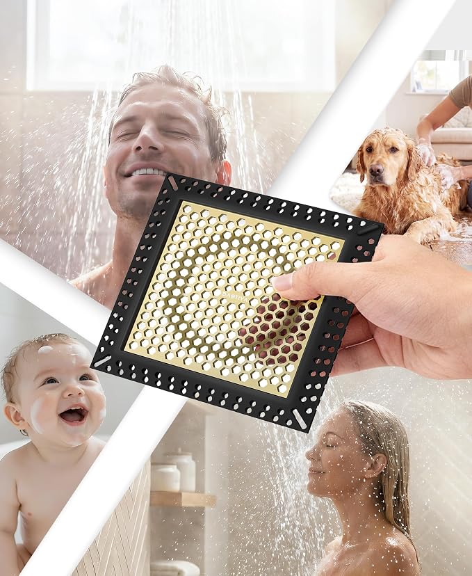 Square Shower Drain Hair Catcher, Flat Shower Drain Hair Catcher, Anti-Clogging Fast Drainage, Anti-Slip, Easy Clean Fits Bathroom Hair Catcher for Shower (Matte Black & Brushed Gold, 4 inch)