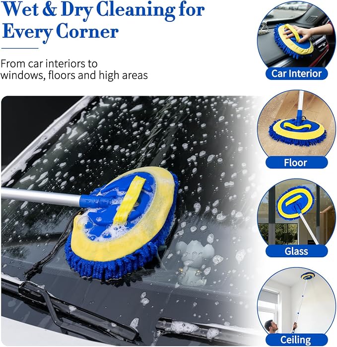 62" Car Wash Brush kit with Long Handle & 3 Scratch-Free Refill Mitt | Chenille Microfiber Car Washing Mop Head, Car Wash Stick, Car Brush Clean Kit, Car Cleaning Supplies for RV Truck Boat, Blue