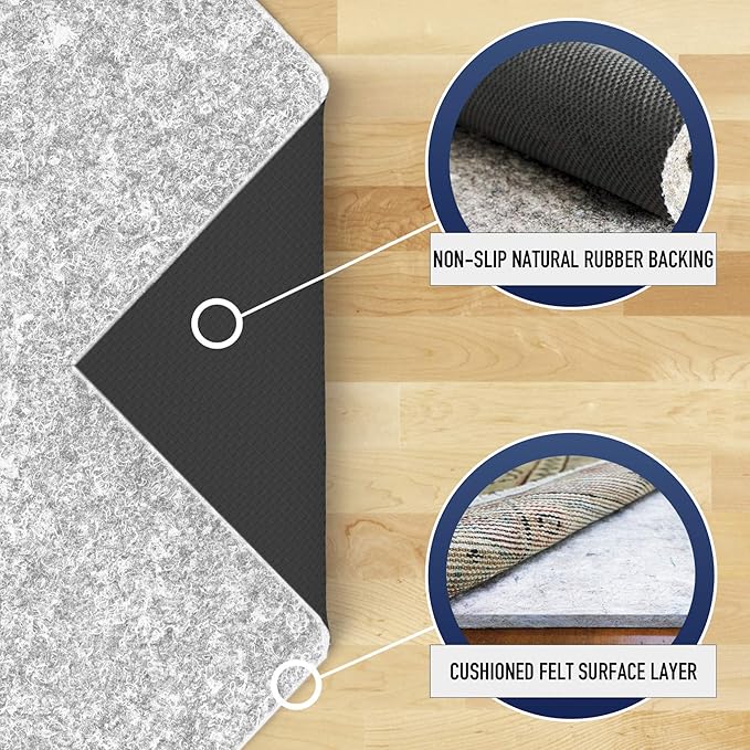 RUGPADUSA - Dual Surface - 7'x10' - 1/4" Thick - Felt + Rubber - Non-Slip Backing Rug Pad - Safe for All Floors