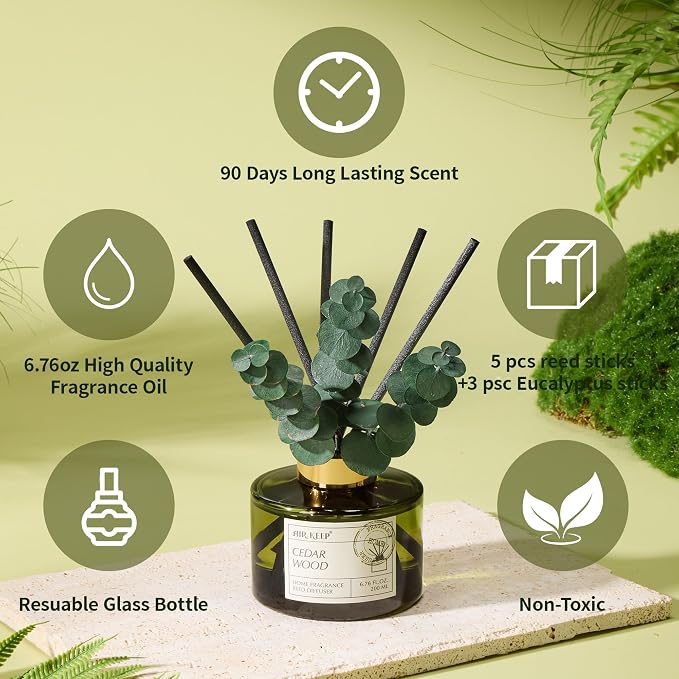 Reed Diffuser Set with 6.76 fl oz Cedar Wood Scent Essential Oils and 3 Leaves & 8 Diffuser Sticks,Bathroom Shelf Decor & Air Freshener, House Bedroom Office Decor & Gifts