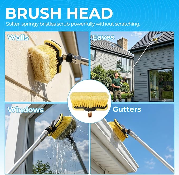 Gutter Cleaning Tools 24 FT Pressure Washer Telescoping Wand with 3 Extension Wands, Gutter Cleaner Attachment, Brush Head, 5 Spray Nozzle Tips, 3 Hose Adapters and Adjustable Support Belt