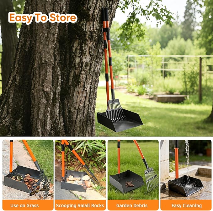 Pooper Scooper, Long Handle Dog Pooper Scooper for Medium Small Dogs Heavy Duty, Pet Supplies Stainless Metal Tray and Rake Set, Use on Grass, Dirt or Gravel, Large