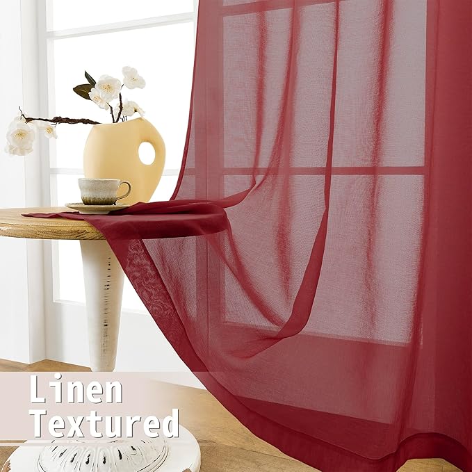 Tollpiz Short Sheer Door Curtains Closet Linen Textured Curtains Sheer Doorway Light Filtering Voile Patio Glass Door Rod Pocket Curtain French Door, 54 x 40 inches Long, Burgundy Red, Set of 1 Panel