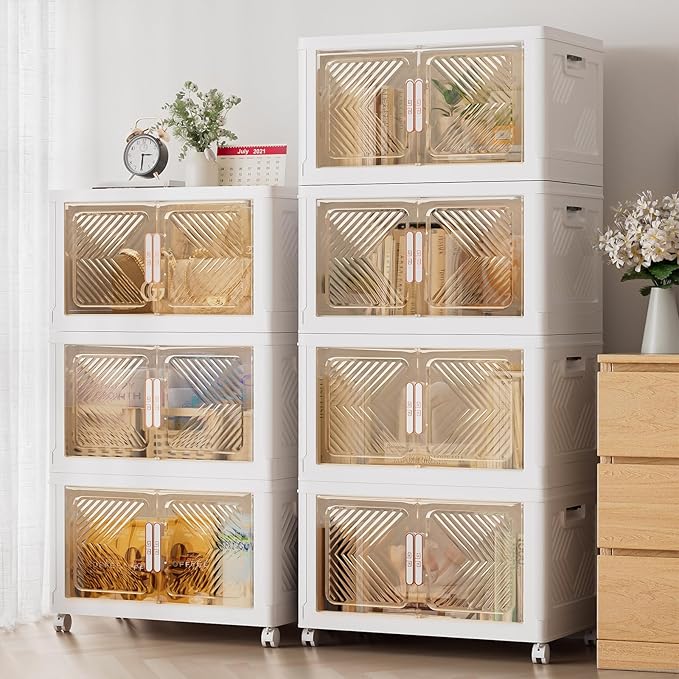 Storage Bins with Lid 120QT, Stackable Storage Containers with Wheels and Magnetic Doors, Plastic Clothes Closet Organizers and Storage Box for Pantry, Home and Office (4 Pack)