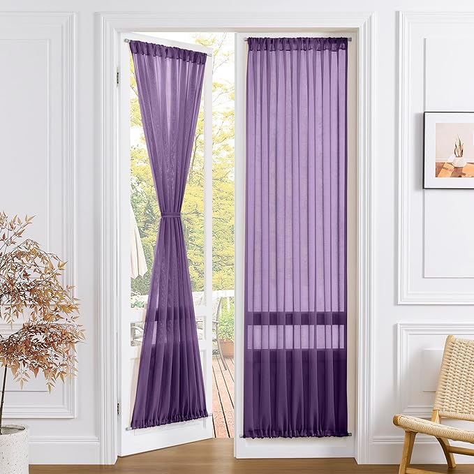 Tollpiz Sheer Door Curtain Closet Linen Textured Curtains Sheer Doorway Light Filtering Voile Patio Glass Door Rod Pocket Curtain French Door, 54 x 72 inches Long, Royal Purple, Set of 1 Panel