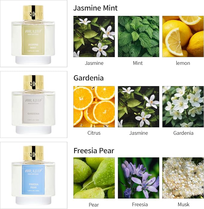 Reed Diffuser Set of 3, Jasmine Mint Gardenia Freesia Pear Oil Reed Diffusers for Bedroom Living Room Office Aromatherapy Oil Reed Diffuser for Gift 50ml x 3