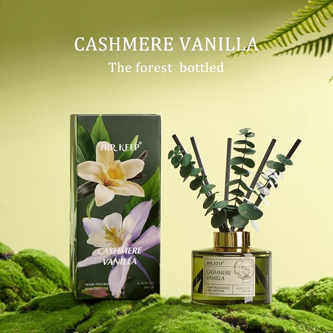 Reed Diffuser Set with 6.76 fl oz Cashmere Vanilla Scent Essential Oils and 3 Leaves & 8 Diffuser Sticks,Bathroom Shelf Decor & Air Freshener, House Bedroom Office Decor & Gifts