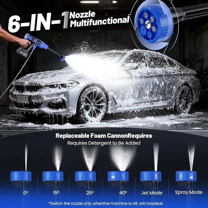 5000 PSI Cordless Pressure Washer with 4.0Ah Battery | Foam Cannon Included, 6-in-1 Nozzle, Car Washing, Patio Rinsing, Fence Cleaning, Deck Care