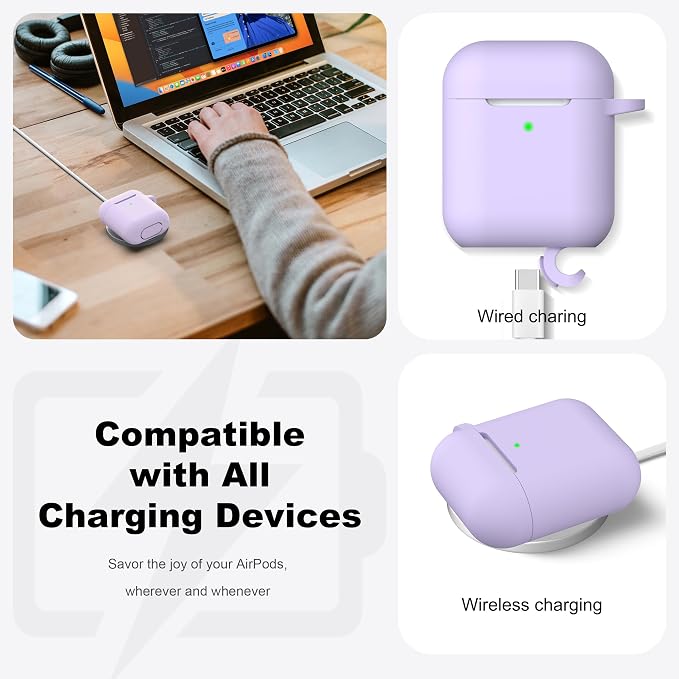 R-fun for AirPods 1/2 Case, Soft Silicone Protective Cover with Keychain and Cleaning Pen, Compatible with AirPods 2nd/1st Generation (2016/2019), Full Drop Protection Cover, Banana Violet