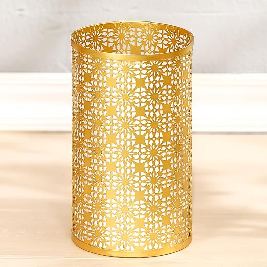 Small Gold Trash Can, Decorative Floral Waste Basket with Perforated Design, Elegant Gold Garbage Can for Bathroom, Bedroom, Office and Kitchen, 7" W X 7" L X 12" H