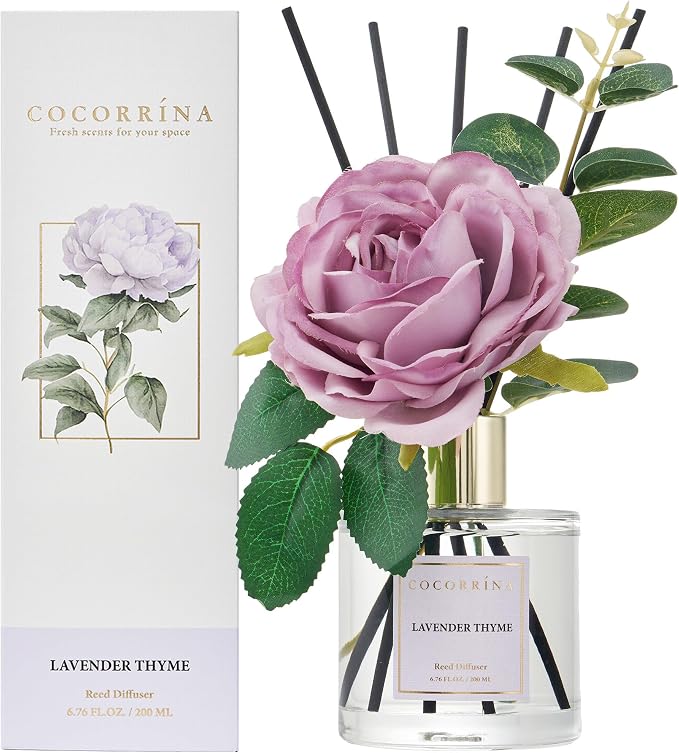 Flower Reed Diffuser - Lavender Thyme 6.7oz Scented Diffuser with Sticks Home Fragrance Essential Oil for Bathroom Shelf Decor (Artificial Flower)
