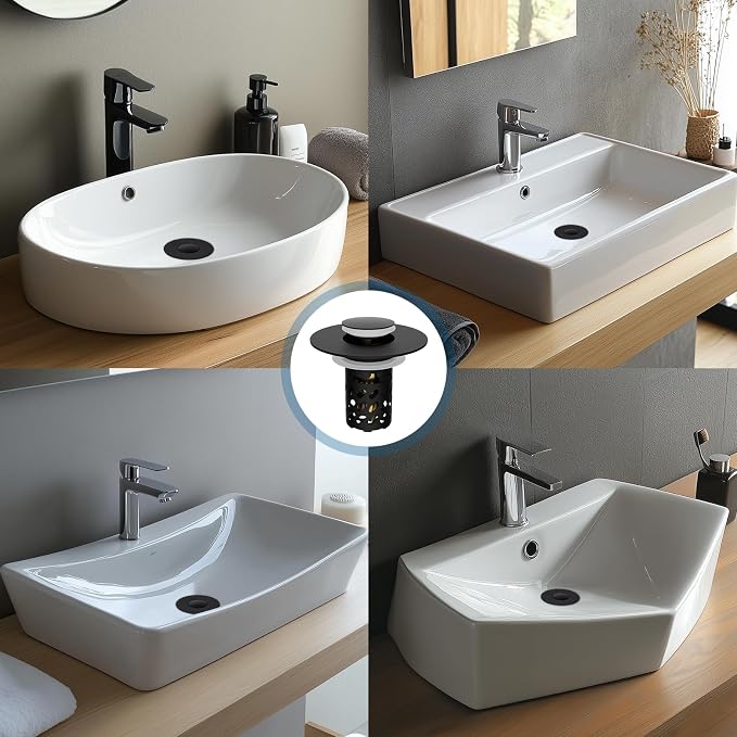 iFealClear All Metal Bathroom Sink Stopper, Pop Up Sink Drain Strainer with Removable Stainless Steel Filter Basket, Universal for 1.1"-2.36" US Sink, Brass Bounce Core, Hair Catcher, Matte Black