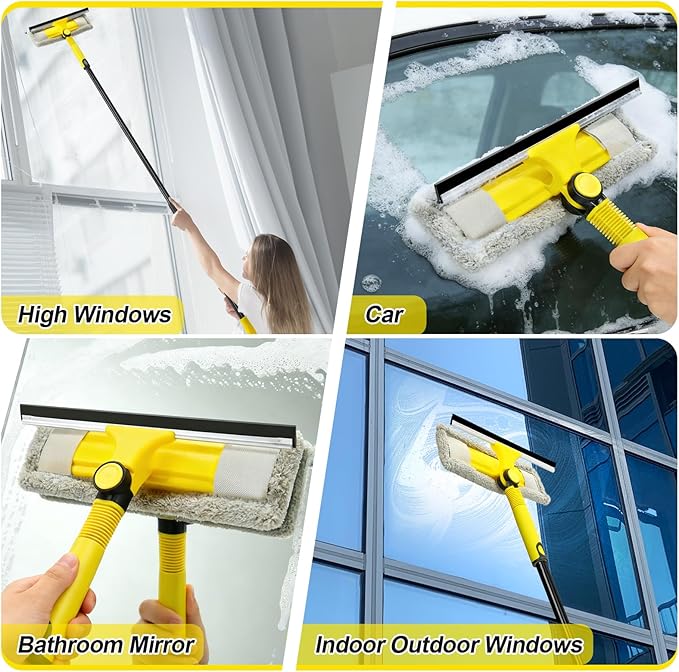 Professional Window Squeegee with 60" Extension Pole for Home | 2 in 1 Squeegee for Window Cleaning with Scrubber/ Rotatable Head for Car Glass Shower Indoor & Outdoor High Windows