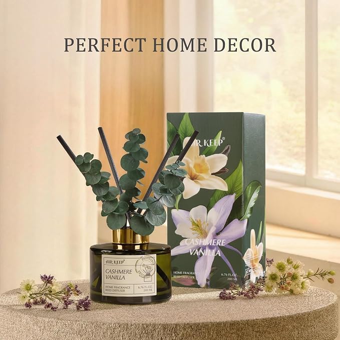 Reed Diffuser Set with 6.76 fl oz Cashmere Vanilla Scent Essential Oils and 3 Leaves & 8 Diffuser Sticks,Bathroom Shelf Decor & Air Freshener, House Bedroom Office Decor & Gifts