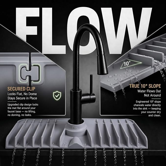 Premium Kitchen Sink Splash Guard – 18" x 5.7" Silicone Faucet Mat with Secure Pressure Clip, True 10° 3D Drainage(No Pooling), Anti-Lift Design, Flexible Leak-Sealing Ring, Non-Slip Fit Behind Faucet