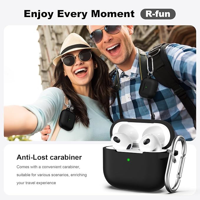 R-fun Compatible with AirPods 3 Case Cover, Silicone Protective Accessories Skin with Keychain Compatible with Apple AirPod 3rd Generation 2021 for Women Men Girls Boys,Front LED Visible,Black