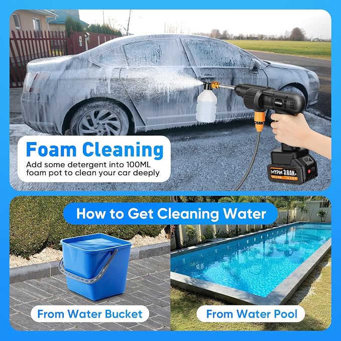 Portable Cordless 600PSI Pressure Washer, 6-in-1 Nozzle with Jet Nozzles | 21V 2x3.0Ah Batteries Handheld Car Powered Washer with Battery Level Display for Car Floor Wall Fence Garden Cleaning