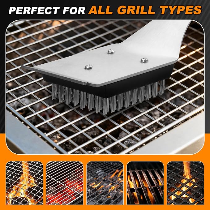 BBQ Grill Cleaning Brush Scraper with 2 Replaceable Stainless Steel Bristles Head, 72-Well Wires Brush, Stainless Grill Grate Cleaner, for Weber Gas, Charcoal, Electrical, Infrared