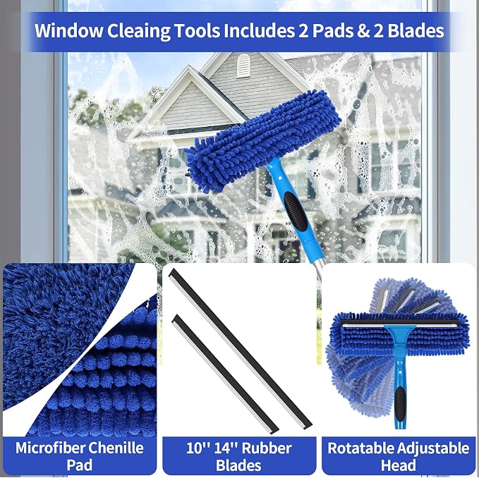 109" Window Cleaning Squeegee Kit, Professional 2 in 1 Squeegee Window Cleaner with Extension Pole, Window Washing Kit with 2 Blade 2 Pads for Indoor & Outdoor High Windows Car Glass