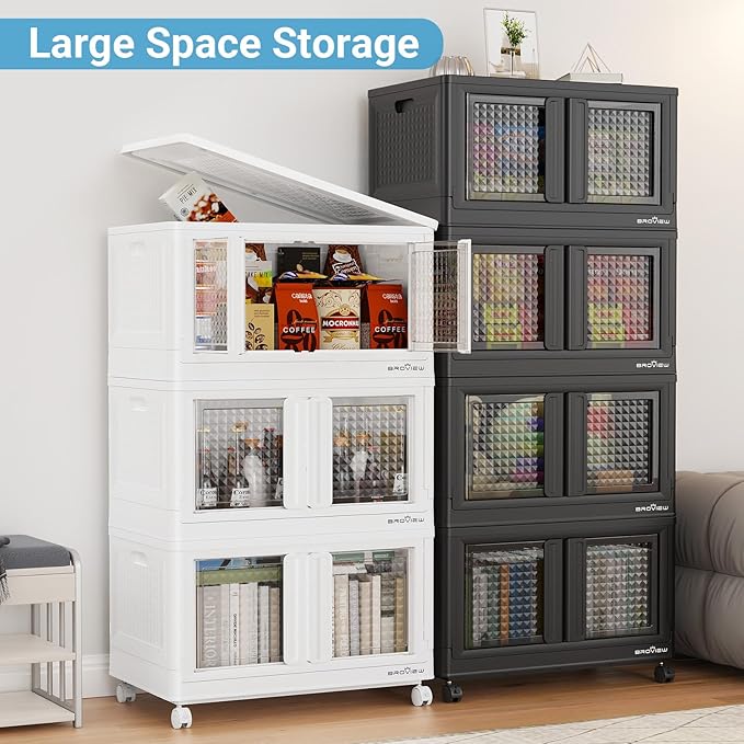 BROVIEW 600Qt Stackable Storage Bins with Lids, 150Gal Closet Organizers and Storage Drawer, Plastic Collapsible Storage Bins with Doors, Heavy Duty Store Box Cabinet for Home Kitchen, 6Pack Black