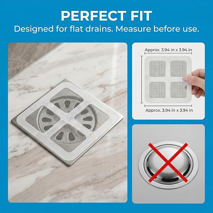 50 PCS Disposable Shower Drain Hair Catcher Stickers, Adhesive Mesh Trap | Self-Adhesive Mesh Traps Hair, Lint and Debris While Water Flows, Peel, Stick and Toss, for Flat Tub, Sink, Laundry Drains