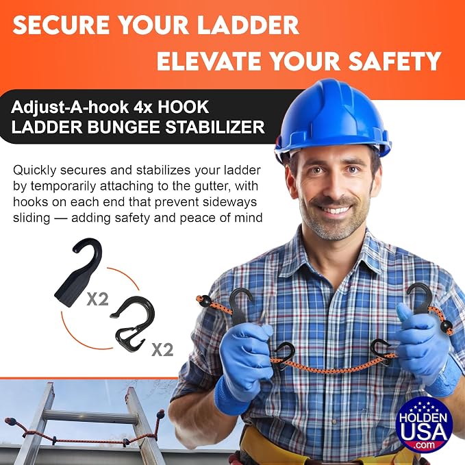 Holden USA - Adjust-A-Hook Ladder Bungee - Ladder Stabilizer Hook – Secure Ladder Safety Support for Roofs, Gutters, and Painting Prep – Durable Ladder Hook Attachment for Roofing and Gutter Work