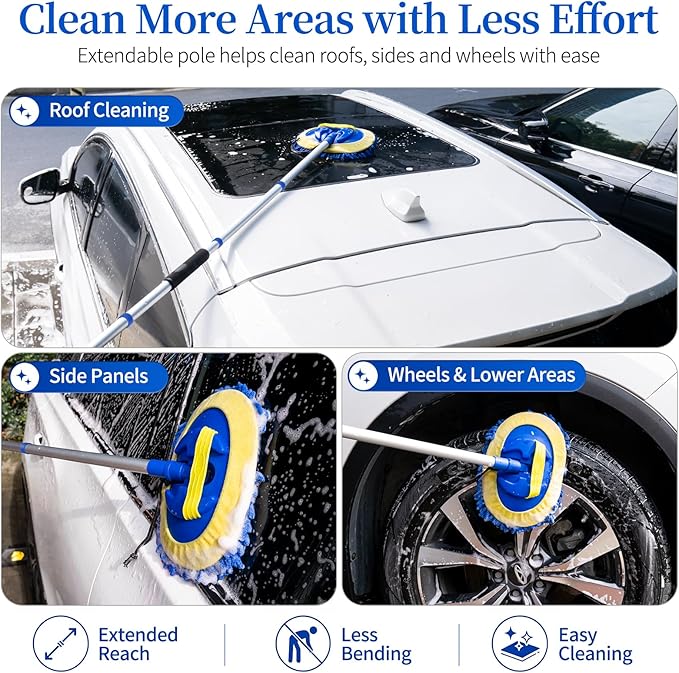 62" Car Wash Brush kit with Long Handle & 3 Scratch-Free Refill Mitt | Chenille Microfiber Car Washing Mop Head, Car Wash Stick, Car Brush Clean Kit, Car Cleaning Supplies for RV Truck Boat, Blue