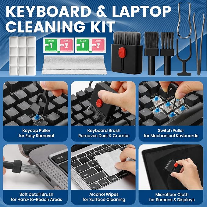 Upgrade Phone Cleaning Kit (57PCS), iPhone Cleaning Kit, Cleaning Kit for AirPods, Keyboard Cleaning Kit, Charging Port Cleaner for Apple Lightning/Android USB-C (Black, with 10 Mini Brush)