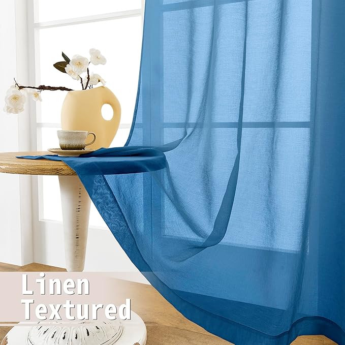 Tollpiz Small Sheer Door Curtain Closet Linen Textured Curtain Sheers Doorway Light Filtering Voile French Door Rod Pocket Curtains Patio Glass Door, 25 x 40 inches Long, Classic Blue, Set of 1 Panel