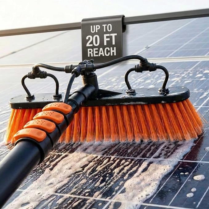 Briliantwerk Solar Panel Cleaning Brush 20 ft Extension Pole | Water Fed Pole Brush with Soap Dispenser for Solar Panels, Windows and Siding - Heavy Duty, Streak-Free Solar Cleaning Kit